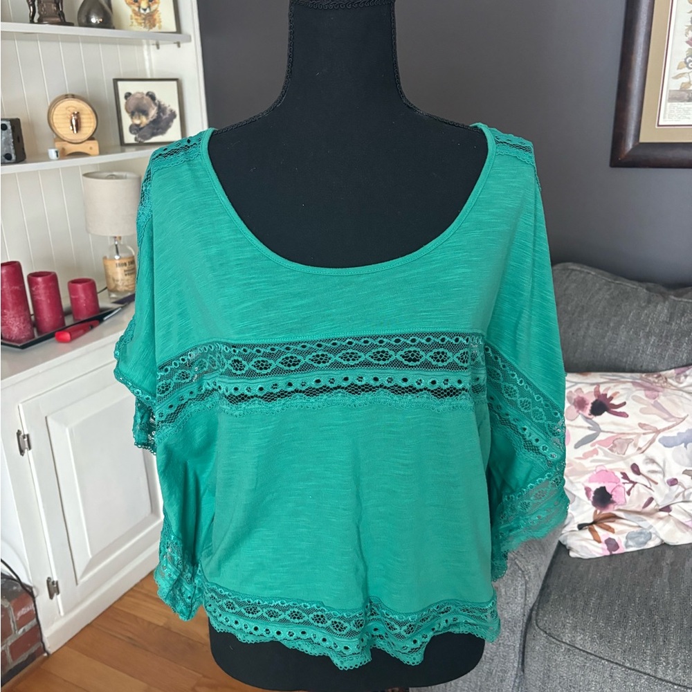 Free People Teal Lace Accent Blouse